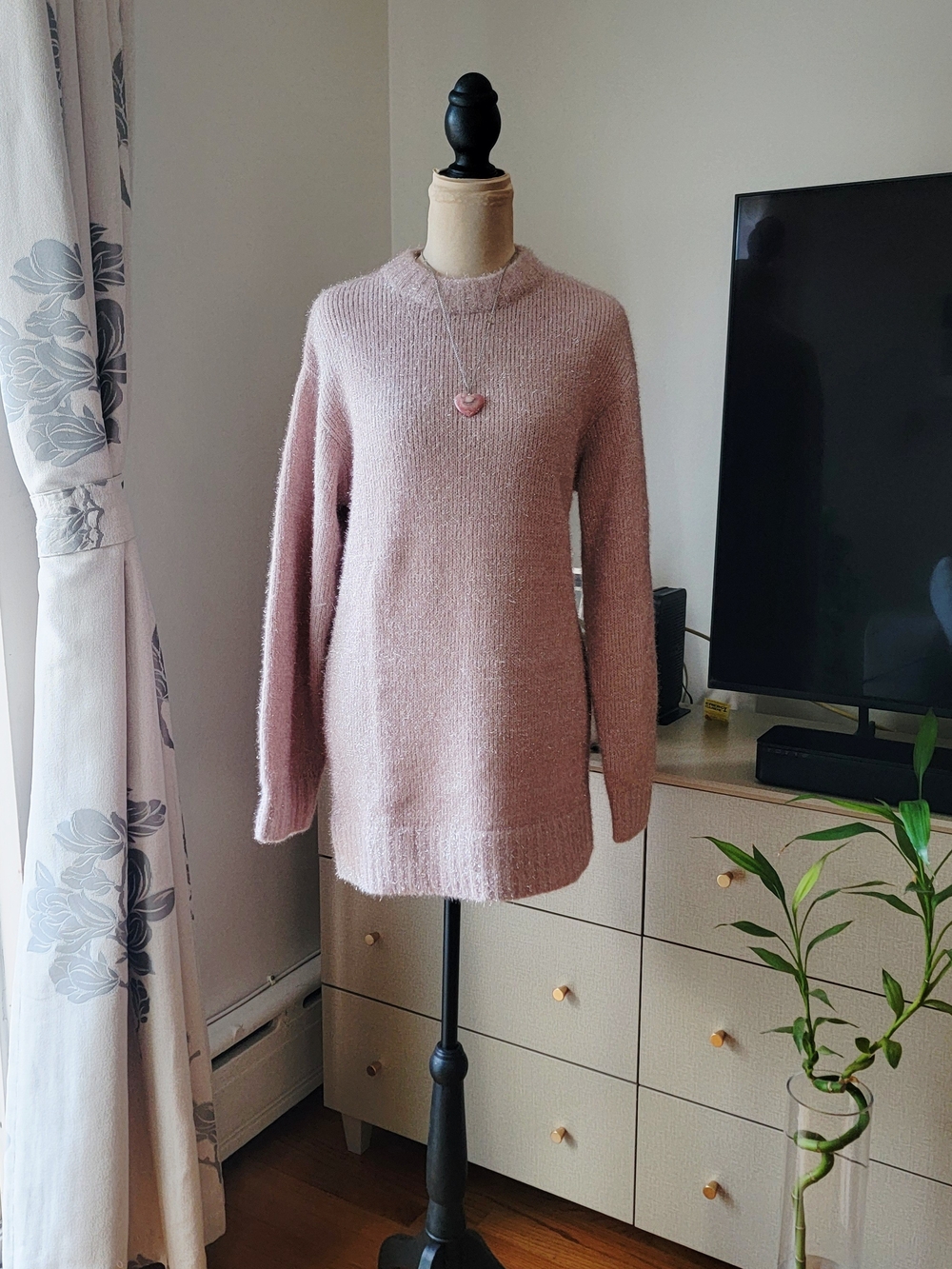 H&M Fuzzy Metallic Knit Oversized Tunic Sweater Pink Nude XS